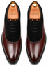 Melodiapelle Bellagio burgundy and black suede leather Oxford, pair top-down view, handcrafted in Agra