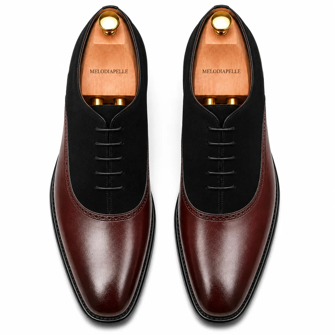 Melodiapelle Bellagio burgundy and black suede leather Oxford, pair top-down view, handcrafted in Agra