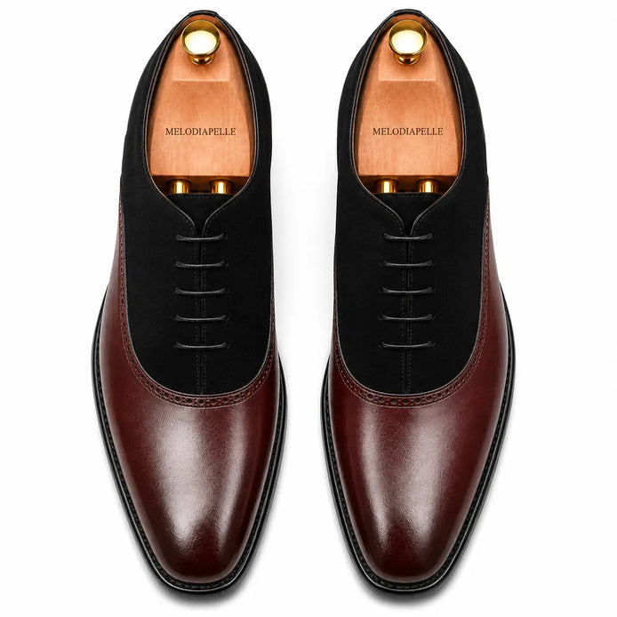 Melodiapelle Bellagio burgundy and black suede leather Oxford, pair top-down view, handcrafted in Agra