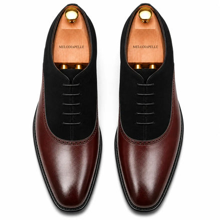 Melodiapelle Bellagio burgundy and black suede leather Oxford, pair top-down view, handcrafted in Agra