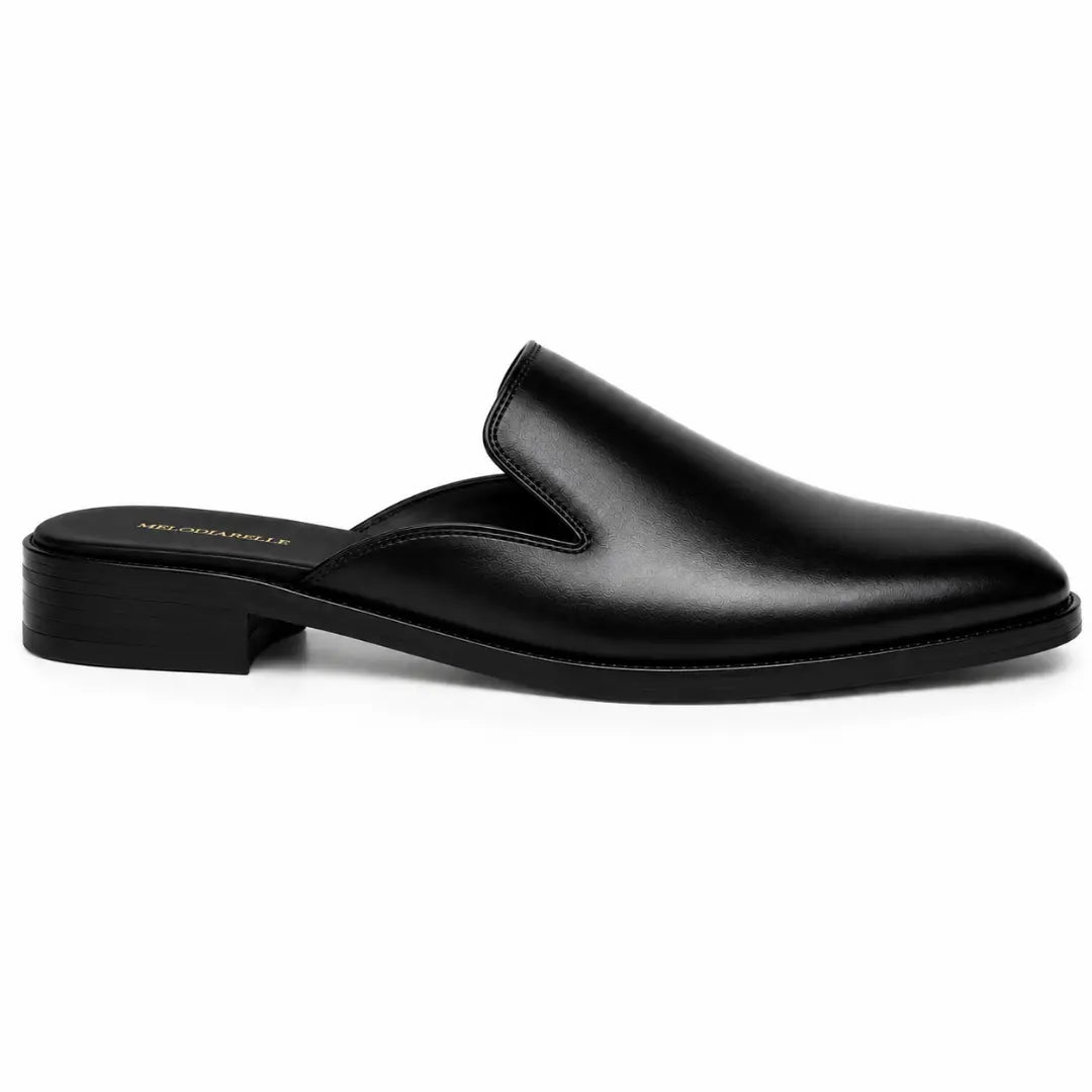Side profile of the Farida Mule in black leather on white background