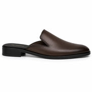 Side profile of the Farida Mule in dark brown leather on white background