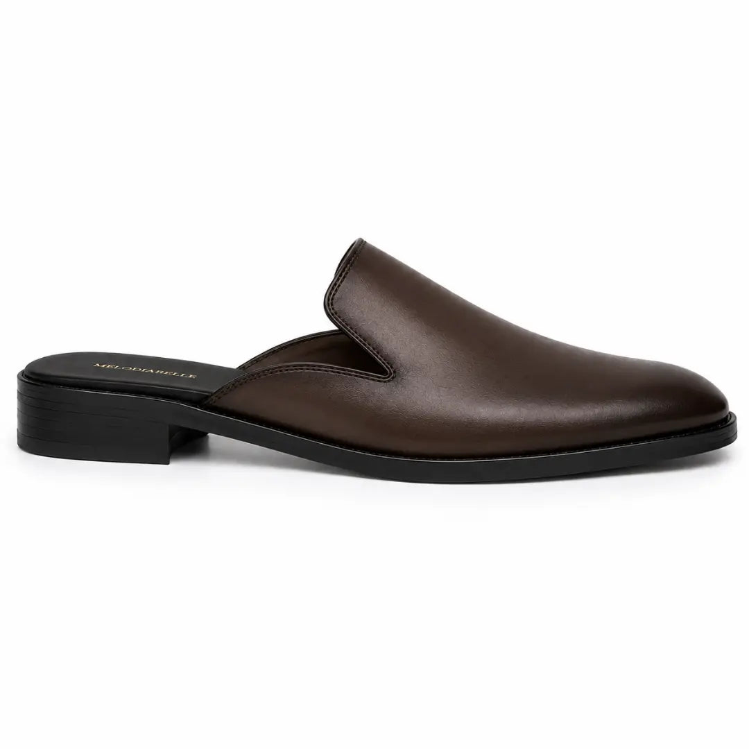 Side profile of the Farida Mule in dark brown leather on white background