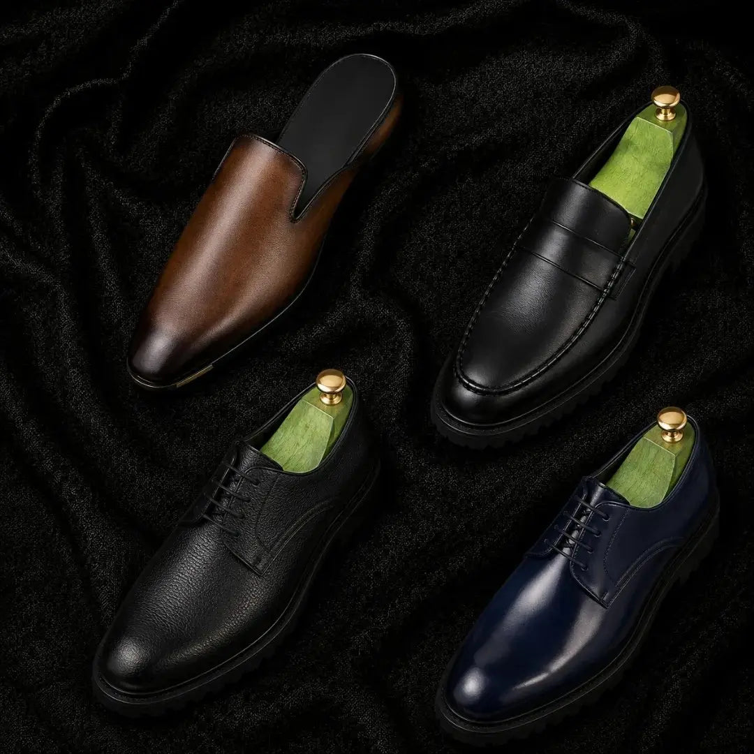 Melodiapelle Farida Mule collection in rust tan, dark brown and black leather, handcrafted backless mules displayed together