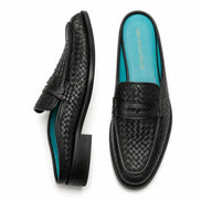 Black woven leather penny mule, three-quarter angle showing heel and woven texture