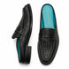 Black woven leather penny mule, three-quarter angle showing heel and woven texture