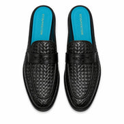 Melodiapelle Madana Mule in black woven leather with turquoise insole, pair top-down view, handcrafted in Agra
