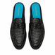 Melodiapelle Madana Mule in black woven leather with turquoise insole, pair top-down view, handcrafted in Agra