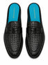 Melodiapelle Madana Mule in black woven leather with turquoise insole, pair top-down view, handcrafted in Agra