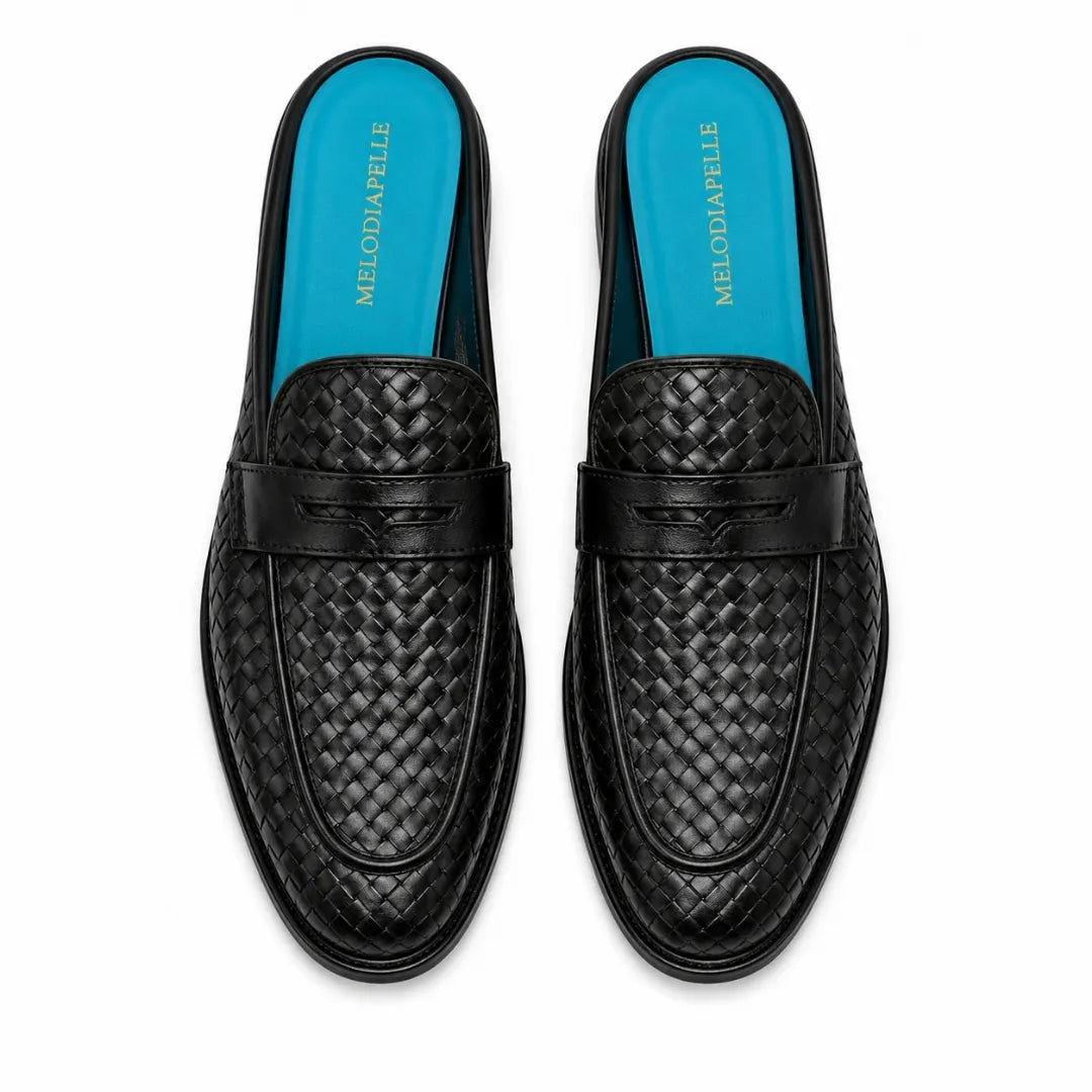 Melodiapelle Madana Mule in black woven leather with turquoise insole, pair top-down view, handcrafted in Agra