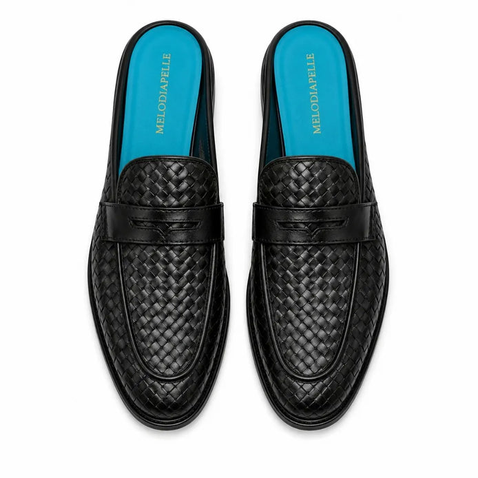 Melodiapelle Madana Mule in black woven leather with turquoise insole, pair top-down view, handcrafted in Agra
