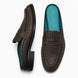 Dark brown woven leather penny mule, three-quarter angle showing heel and woven texture