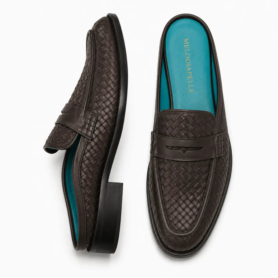 Dark brown woven leather penny mule, three-quarter angle showing heel and woven texture