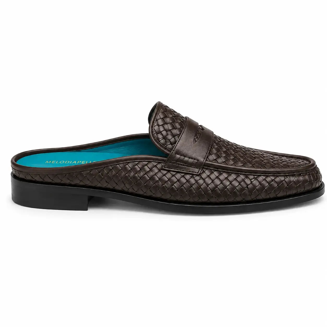 Side profile of the Madana Mule in dark brown woven leather on white background