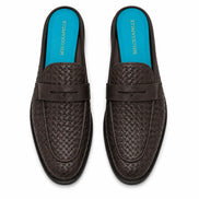 Melodiapelle Madana Mule in dark brown woven leather with turquoise insole, pair top-down view, handcrafted in Agra