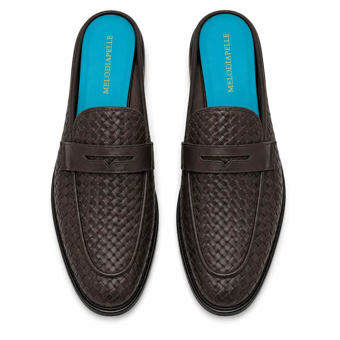Melodiapelle Madana Mule in dark brown woven leather with turquoise insole, pair top-down view, handcrafted in Agra