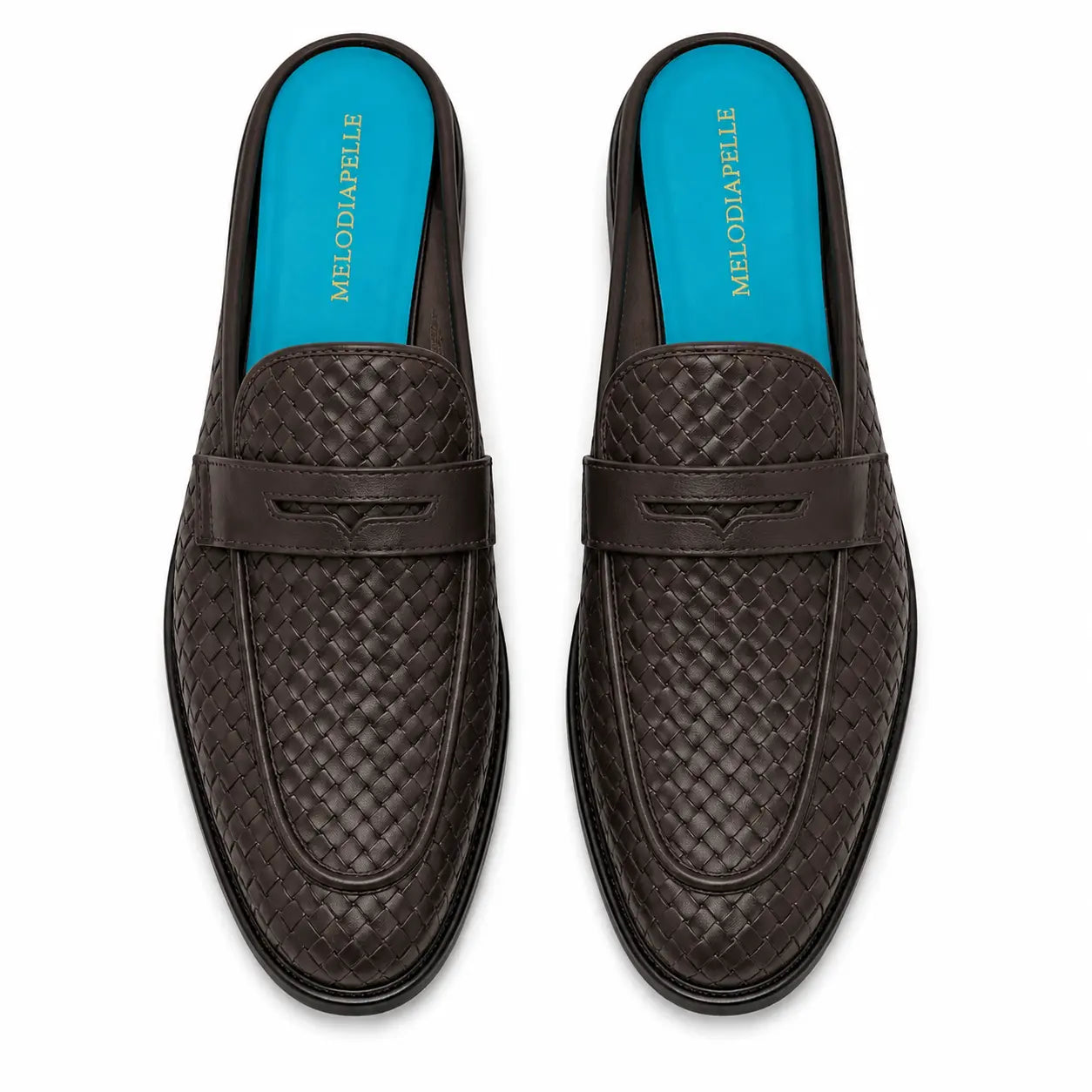 Melodiapelle Madana Mule in dark brown woven leather with turquoise insole, pair top-down view, handcrafted in Agra