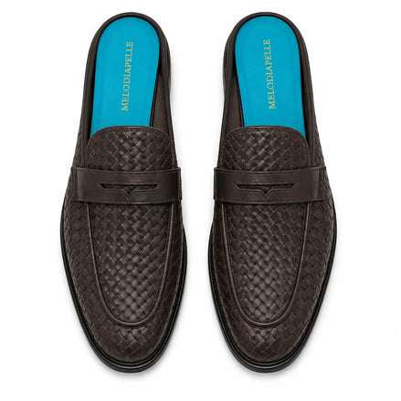 Melodiapelle Madana Mule in dark brown woven leather with turquoise insole, pair top-down view, handcrafted in Agra