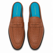 Melodiapelle Madana Mule in tan woven leather with turquoise insole, pair top-down view, handcrafted in Agra