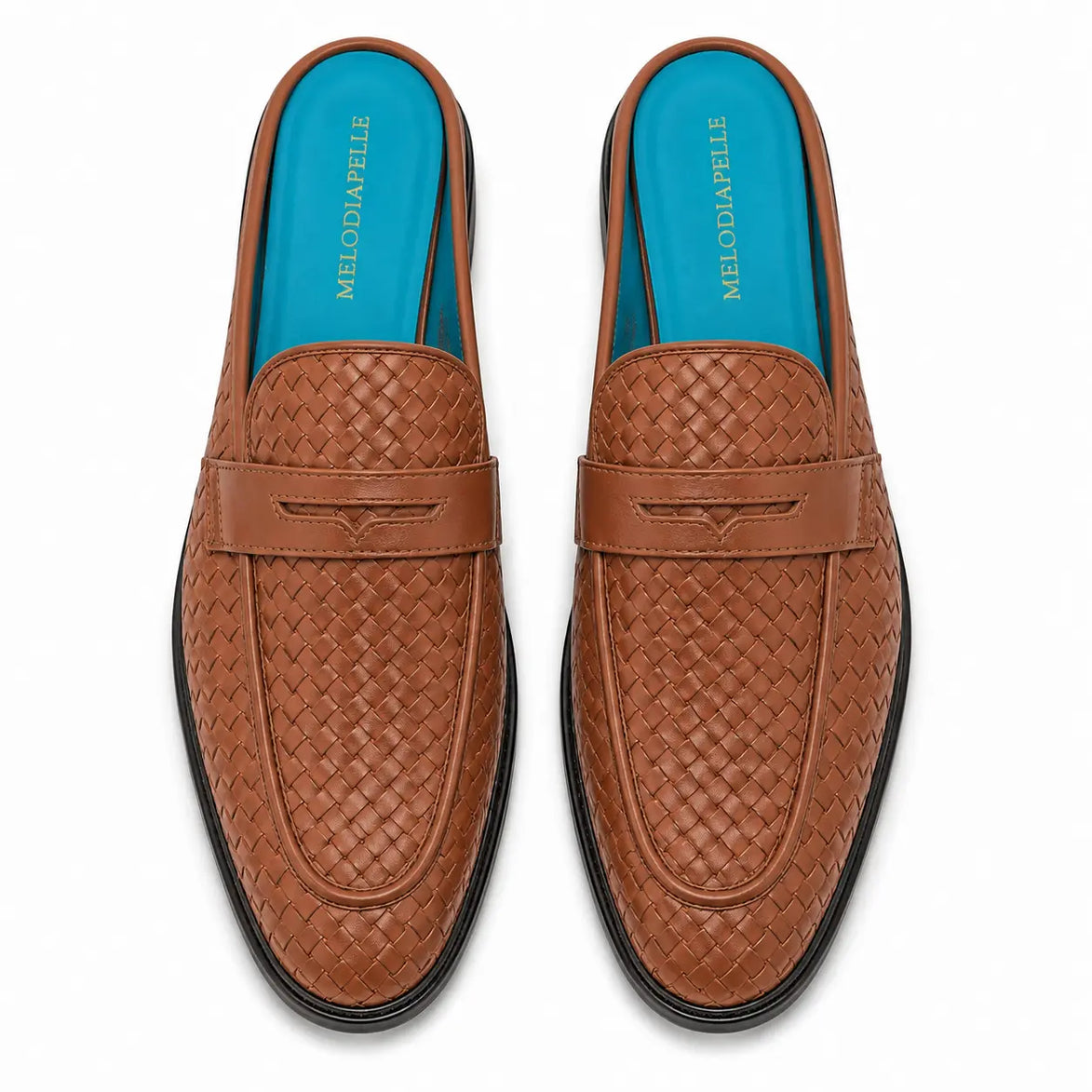 Melodiapelle Madana Mule in tan woven leather with turquoise insole, pair top-down view, handcrafted in Agra