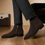 Melodiapelle Maddox Suede Zip Boot in brown suede worn with trousers, on-feet shot