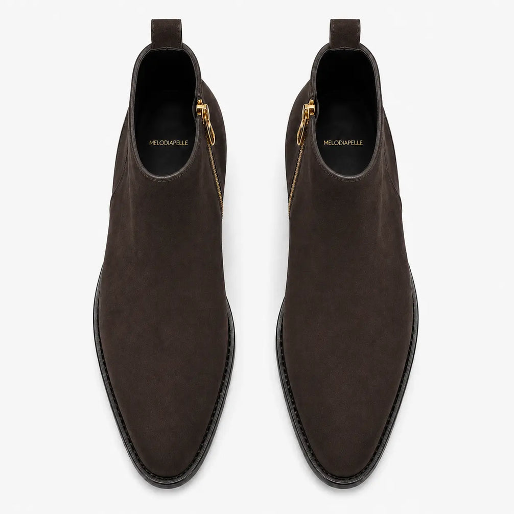 Melodiapelle Maddox Suede Zip Boot in brown suede, pair top-down view, handcrafted in Agra