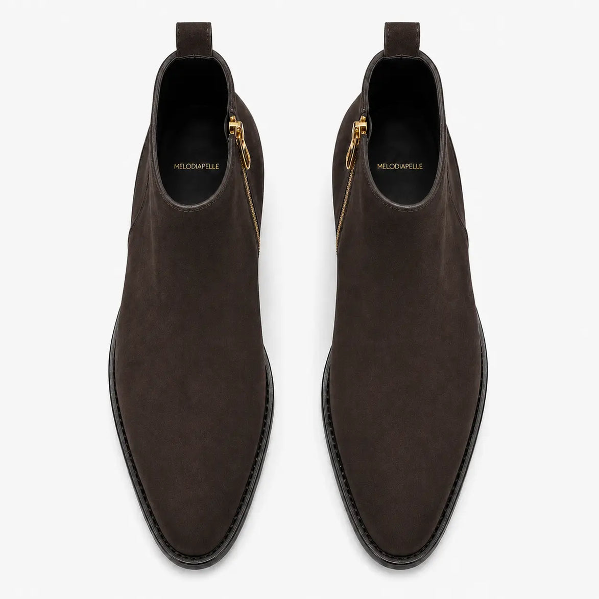 Melodiapelle Maddox Suede Zip Boot in brown suede, pair top-down view, handcrafted in Agra