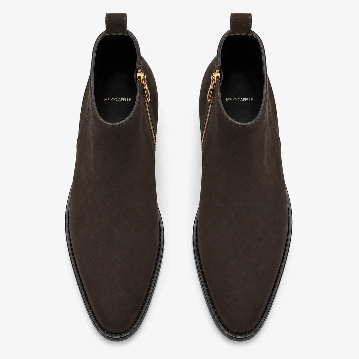 Melodiapelle Maddox Suede Zip Boot in brown suede, pair top-down view, handcrafted in Agra