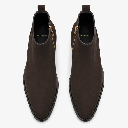 Melodiapelle Maddox Suede Zip Boot in brown suede, pair top-down view, handcrafted in Agra