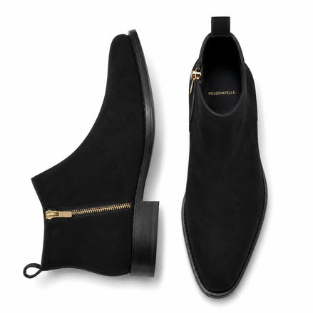 Black suede zip ankle boots, three-quarter angle showing side zipper and heel