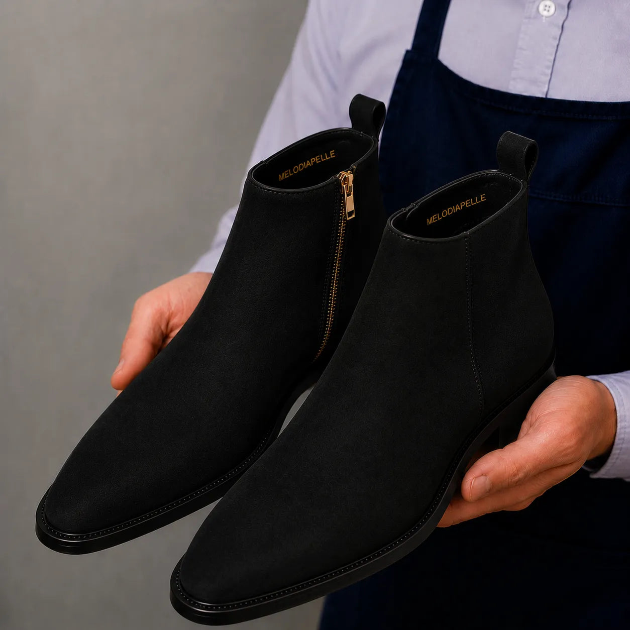 Man holding a pair of Melodiapelle Maddox Suede Zip Boots in black suede, close-up