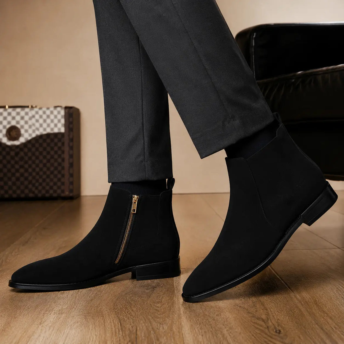 Melodiapelle Maddox Suede Zip Boot in black suede worn with trousers, on-feet shot