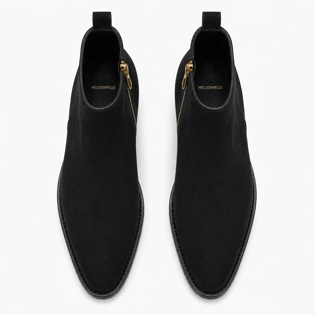 Melodiapelle Maddox Suede Zip Boot in nero black suede, pair top-down view, handcrafted in Agra
