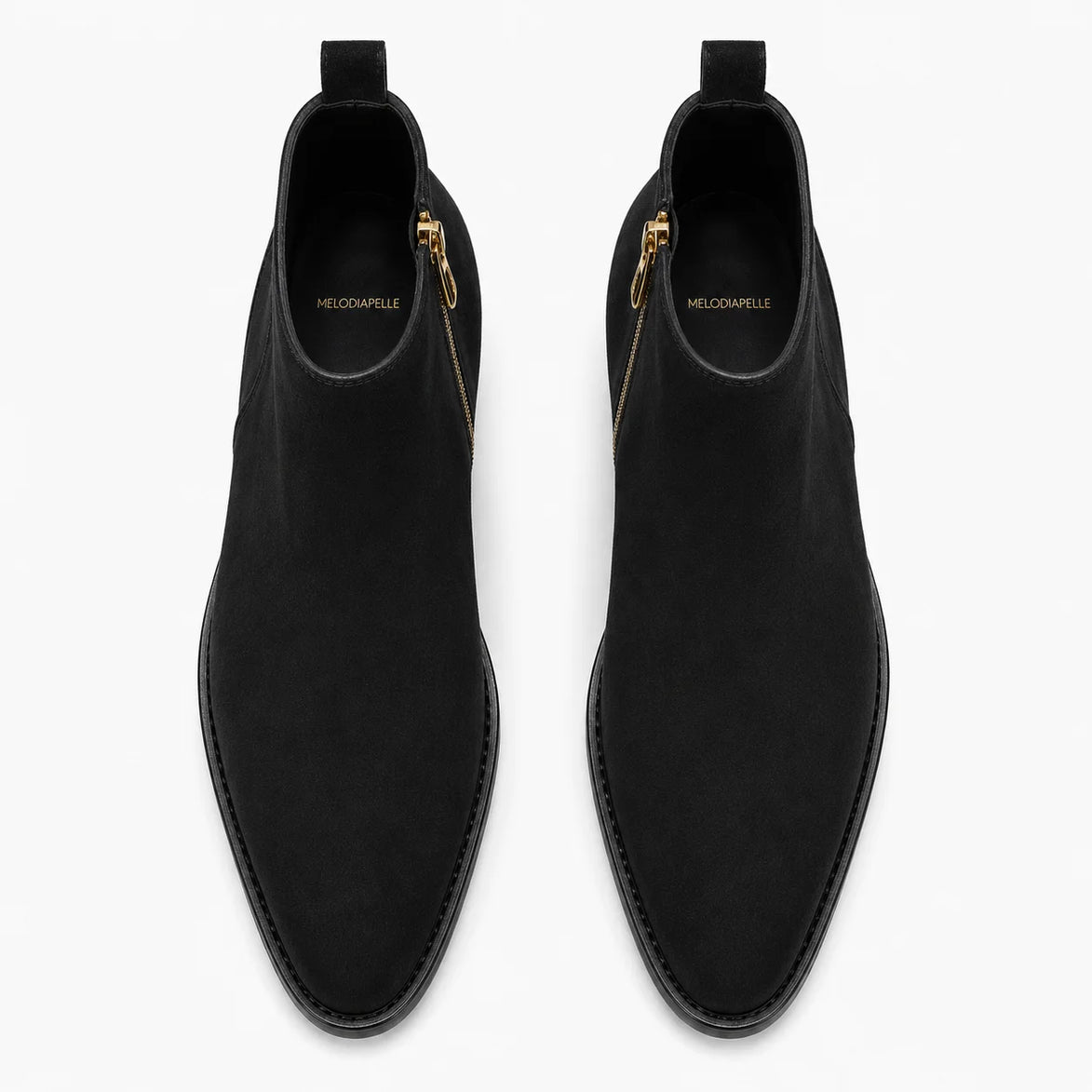 Melodiapelle Maddox Suede Zip Boot in nero black suede, pair top-down view, handcrafted in Agra