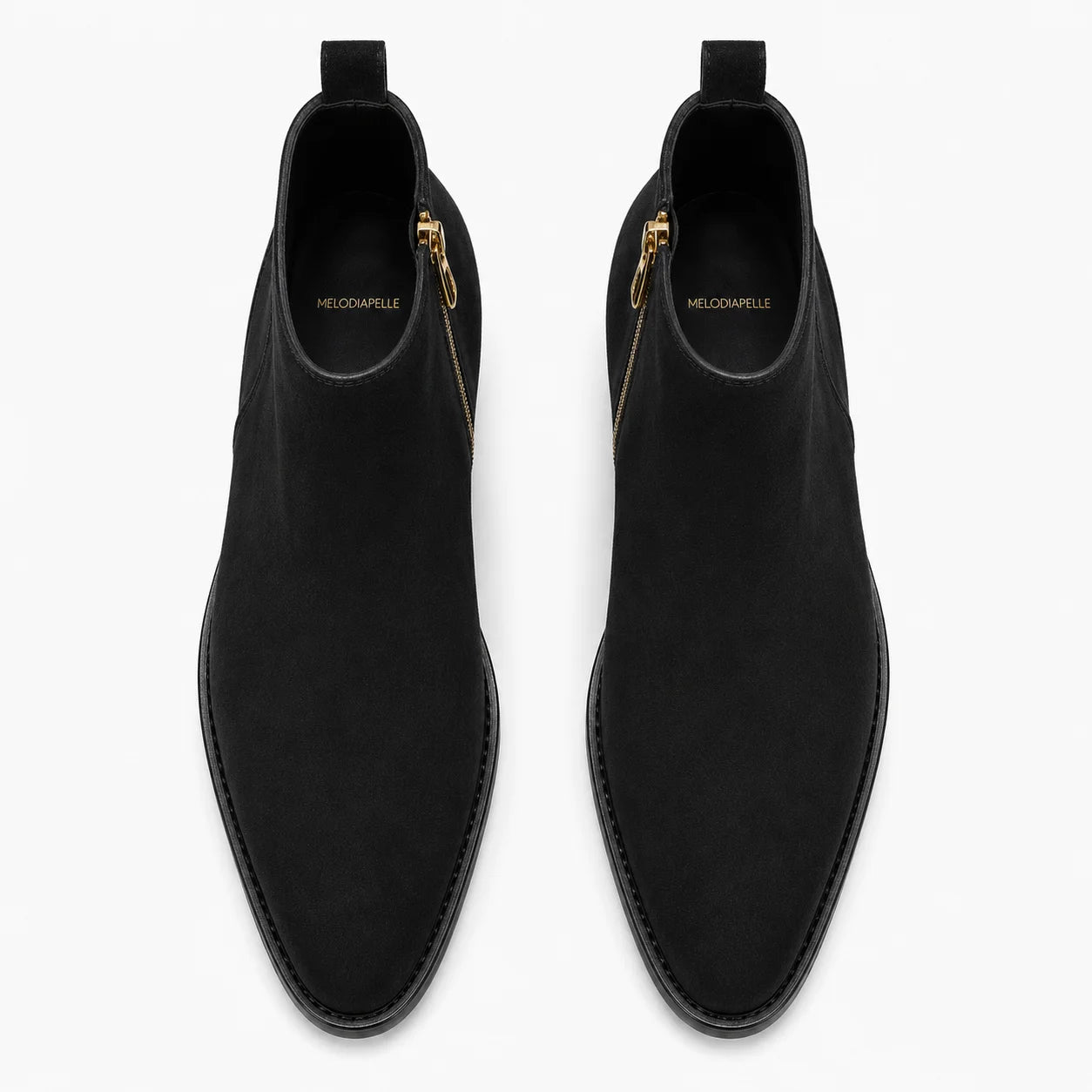 Melodiapelle Maddox Suede Zip Boot in nero black suede, pair top-down view, handcrafted in Agra