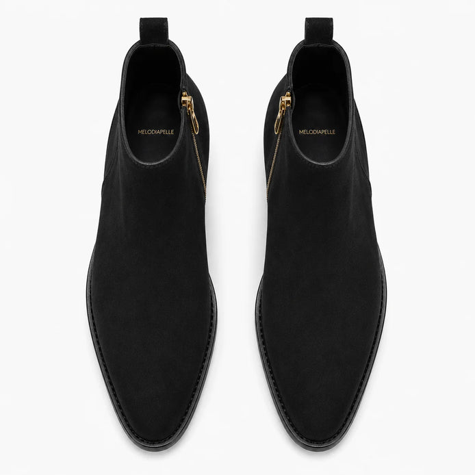 Melodiapelle Maddox Suede Zip Boot in nero black suede, pair top-down view, handcrafted in Agra