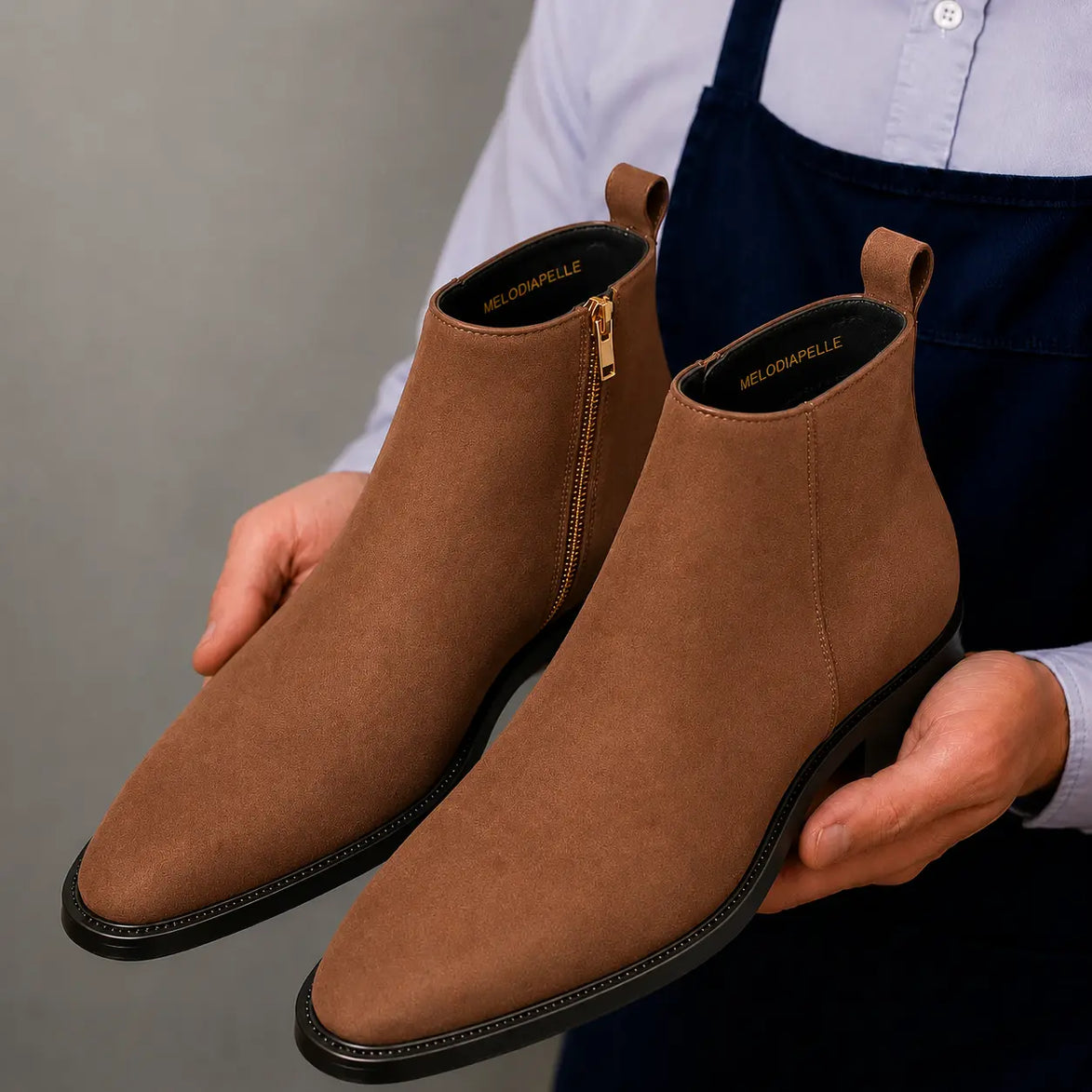 Man holding a pair of Melodiapelle Maddox Suede Zip Boots in tan suede, close-up