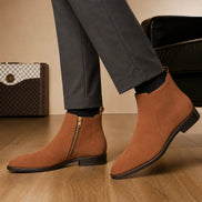 Melodiapelle Maddox Suede Zip Boot in tan suede worn with trousers, on-feet shot