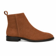 Side profile of the Maddox Suede Zip Boot in tan suede on white background