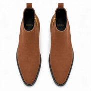 Melodiapelle Maddox Suede Zip Boot in tan suede, pair top-down view, handcrafted in Agra