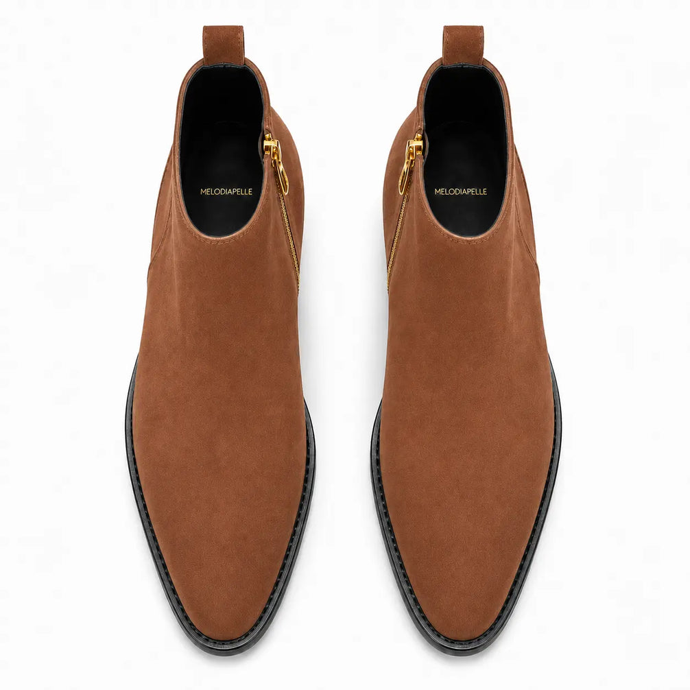 Melodiapelle Maddox Suede Zip Boot in tan suede, pair top-down view, handcrafted in Agra