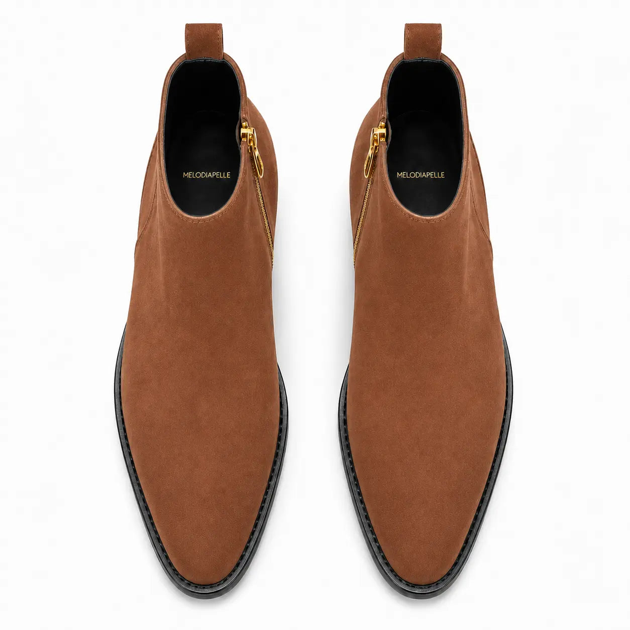 Melodiapelle Maddox Suede Zip Boot in tan suede, pair top-down view, handcrafted in Agra