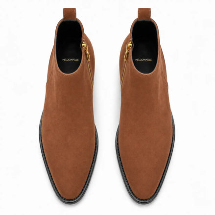 Melodiapelle Maddox Suede Zip Boot in tan suede, pair top-down view, handcrafted in Agra
