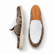 White and snake-print brown leather mule, three-quarter angle showing heel and texture detailing