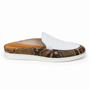 Side profile of the Madise Mule in white and snake-print brown leather on white background