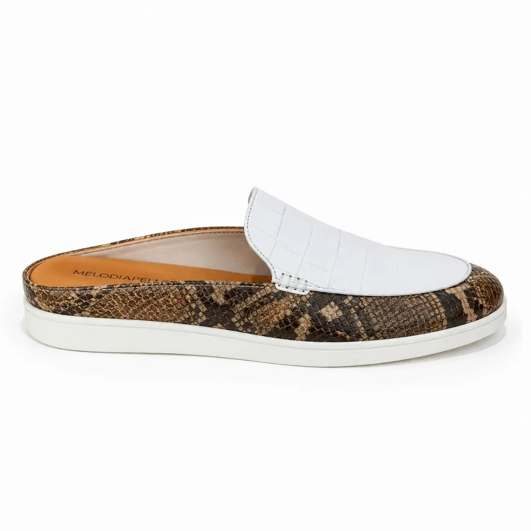 Side profile of the Madise Mule in white and snake-print brown leather on white background