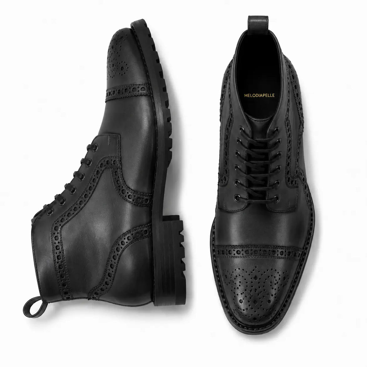 Black leather brogue combat boot, three-quarter angle showing heel and sole detailing