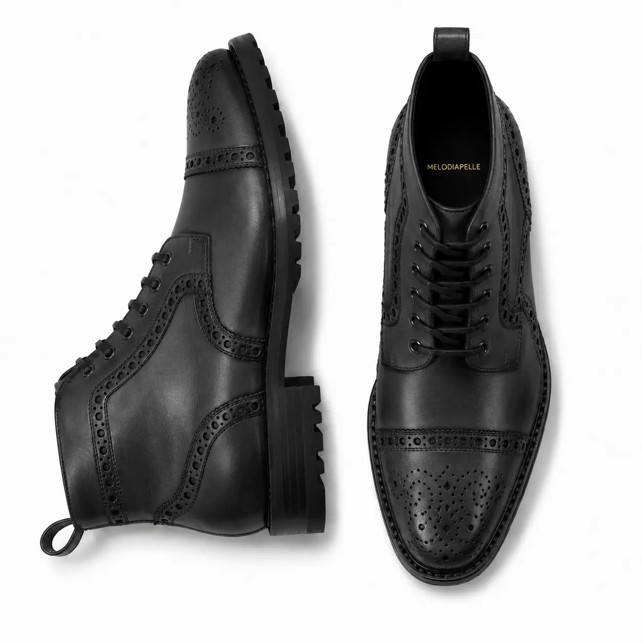 Black leather brogue combat boot, three-quarter angle showing heel and sole detailing