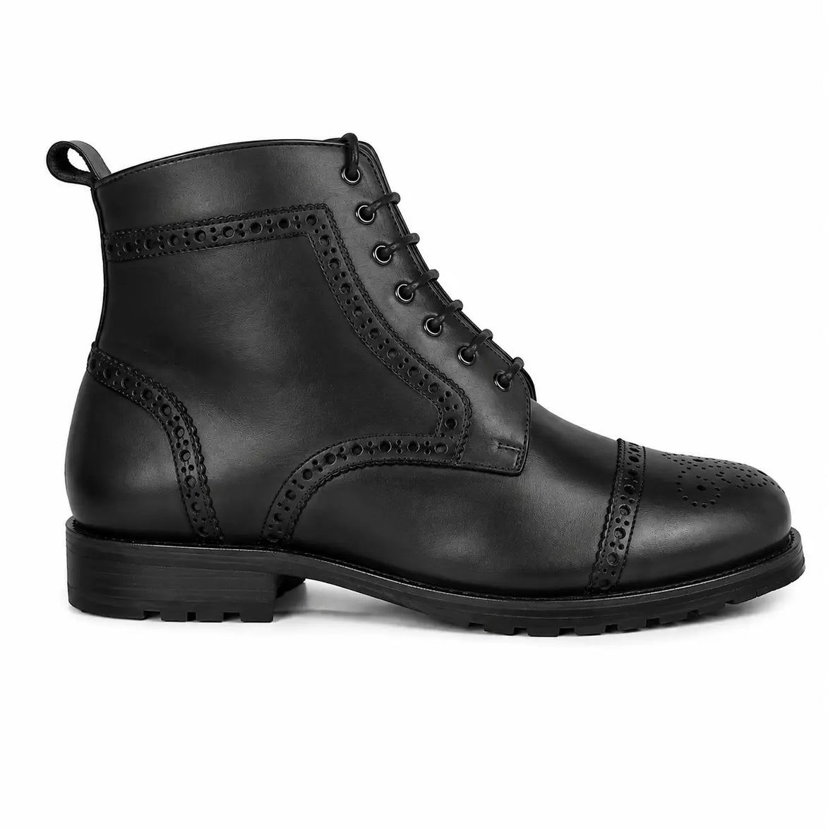 Side profile of the Madison Combat Boot in black leather on white background