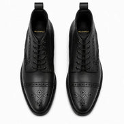 Melodiapelle Madison Combat Boot in black leather, pair top-down view, handcrafted in Agra